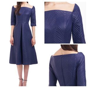 Kay Unger Dress Sz 8 Navy Blue Quilted Midi Off Shoulder Elbow Sleeves NWT